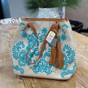 Isabella Fiore Beige and Turquoise Embroidered Shoulder Bag
